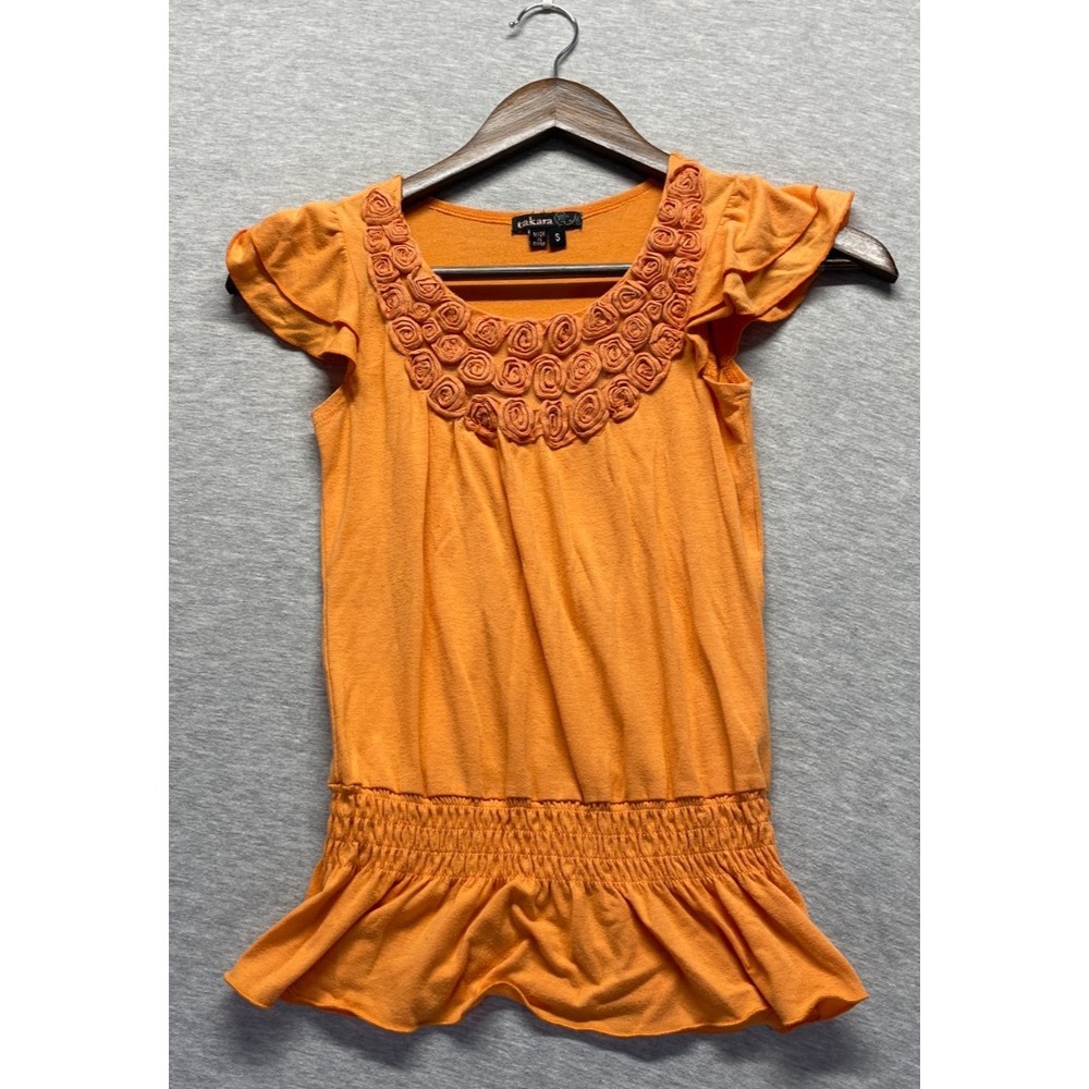 Takara Blouse Top Womens S Orange Unique Rosette Round Neck Smocked Ruffle Hem